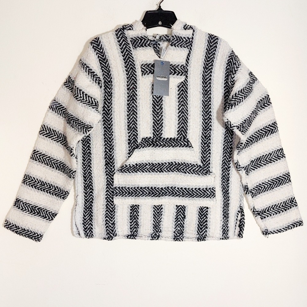 NWT Desing Baja Style Striped Hoodie Sweater Cream Black Festival Size M Poncho - Picture 3 of 12